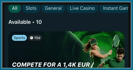 Aktionsfilter und Sports-Kampagne zum Thema Bonuscode Filterreiter All, Slots, General, Live Casino, Available 10 und Beginn der Sports-Karte
