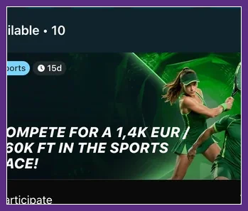 Ausschnitt einer Sport-Aktion mit Laufzeitangabe in der Bonusliste Seitlich beschnittene Aktionskarte mit Tennisspielerin, Tags Sports und 15d, Slogan-Teilen
