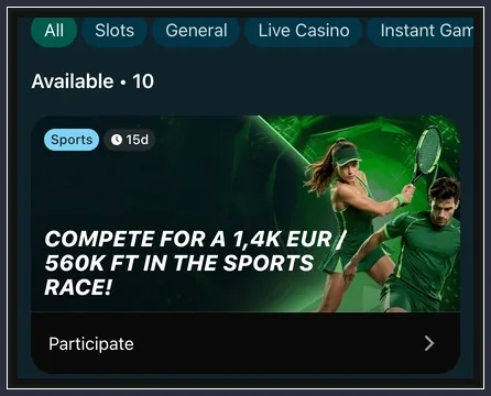 Promo-Übersicht für Bonuscode und laufende Aktionen Aktionsliste mit Filtern All, Slots, Live Casino und Sports-Karte mit Participate-Button