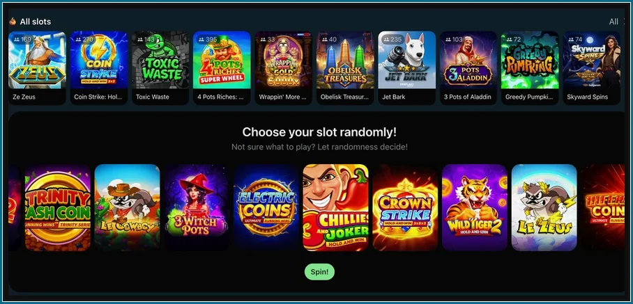 Reihe All slots mit Ze Zeus, Toxic Waste, Jet Bark und Zufallsauswahl mit Spin-Button