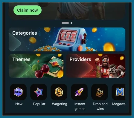 Kategorien und Schnellfilter in der mobilen App-Oberfläche Mobile Ansicht mit Claim now, Kacheln Categories, Themes, Providers und Symbolen New, Popular, Wagering
