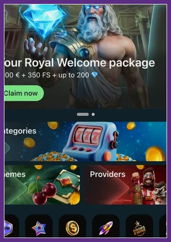 Ausschnitt der mobilen Startseite für die App-Nutzung Schmaler Ausschnitt mit Royal Welcome package, Diamant, Zeus-Motiv und Kacheln Categories, Providers