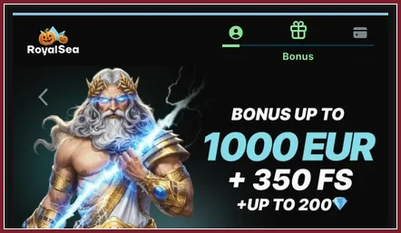 Kopf der Registrierung mit Logo, Bonus-Reiter, Angebot 1000 EUR + 350 FS und Zeus-Figur