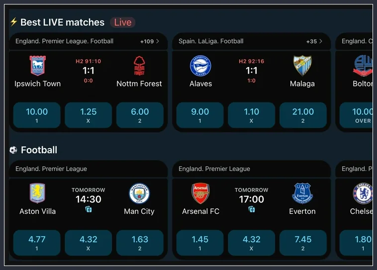 Fußballwetten mit Quotenfeldern im Live-Bereich der Sportsektion Best LIVE matches mit Quoten 1 X 2 und Football-Reihe Aston Villa, Arsenal FC