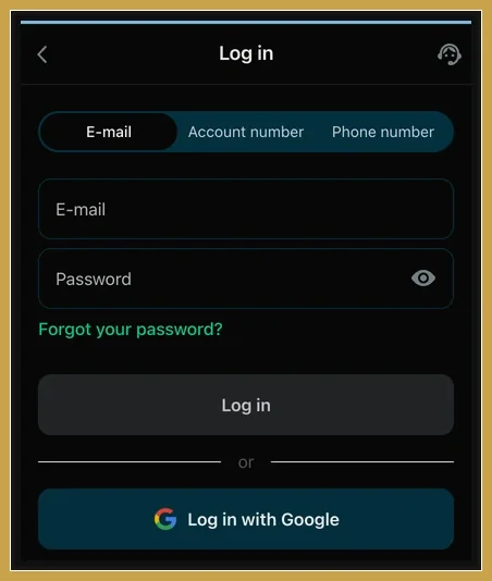 Anmeldemaske fĂĽr bestehende Konten auf der Registrierungsseite Login-Formular mit Reitern E-mail, Account number, Phone number, Passwortfeld und Google-Button