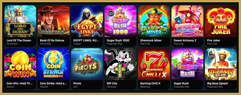 Zwei Slot-Reihen mit Lord Of The Ocean, Egypt Links, Big Bass Splash und Anbieternamen