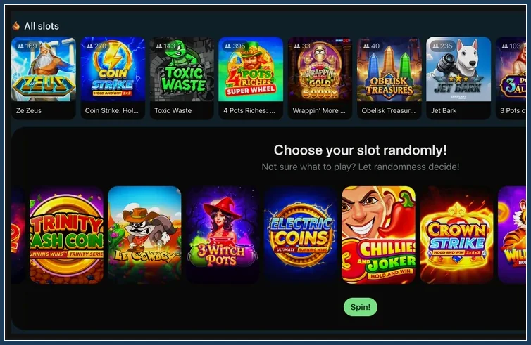 Liste All slots mit Ze Zeus, Toxic Waste und Block Choose your slot randomly