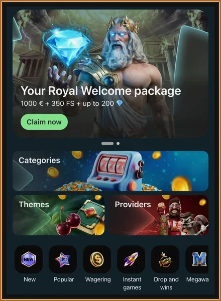 Mobile Startseite mit Willkommensbanner, Claim-now-Button, Kacheln Categories, Themes, Providers