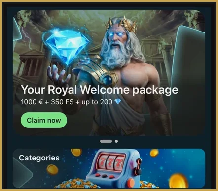 Willkommenspaket-Banner in der Bonusübersicht der mobilen Seite Willkommensbanner mit Zeus-Figur, Diamant, 1000 € + 350 FS, Claim-now-Button und Kategorien-Kachel